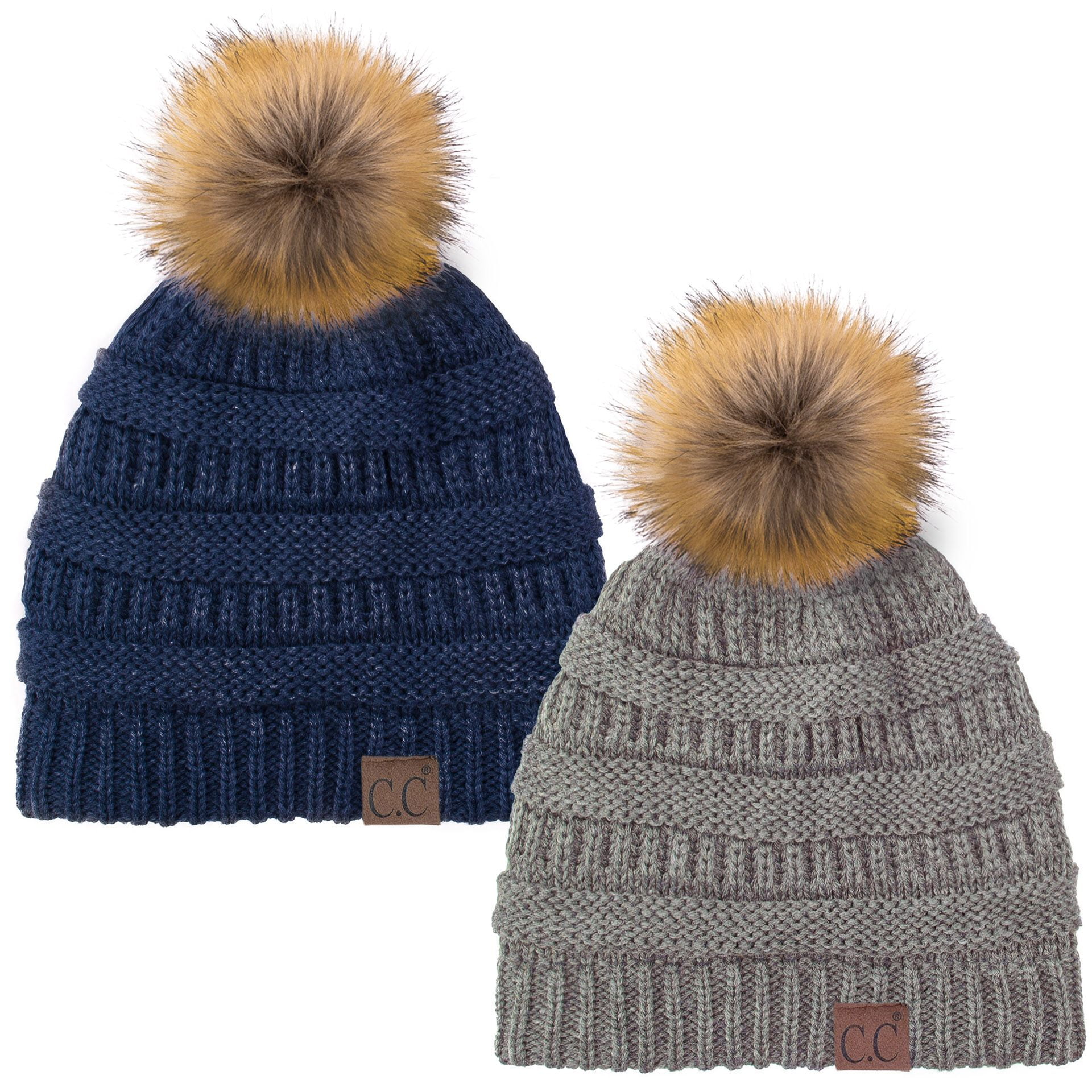 Crochet multi colour beanie hat with orange faux fur pom pom,bobble  beanie hat for women,handmade blue beanie hat,winter chunky knit hat