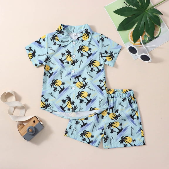 Toddler Boys 2 Piece Outfits Short Sleeve Cartoon Prints T Shirt Tops Shorts Child Outfits Set Size 18-24 Months ,Blue