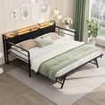 thumbnail image 6 of Daybed with Trundle and LED Light, Sturdy Metal Twin Size Bed Frame with Corduroy Upholstered Headboard and Charging Station, for Living Room, Bedroom and Guest Room, Black, 6 of 7