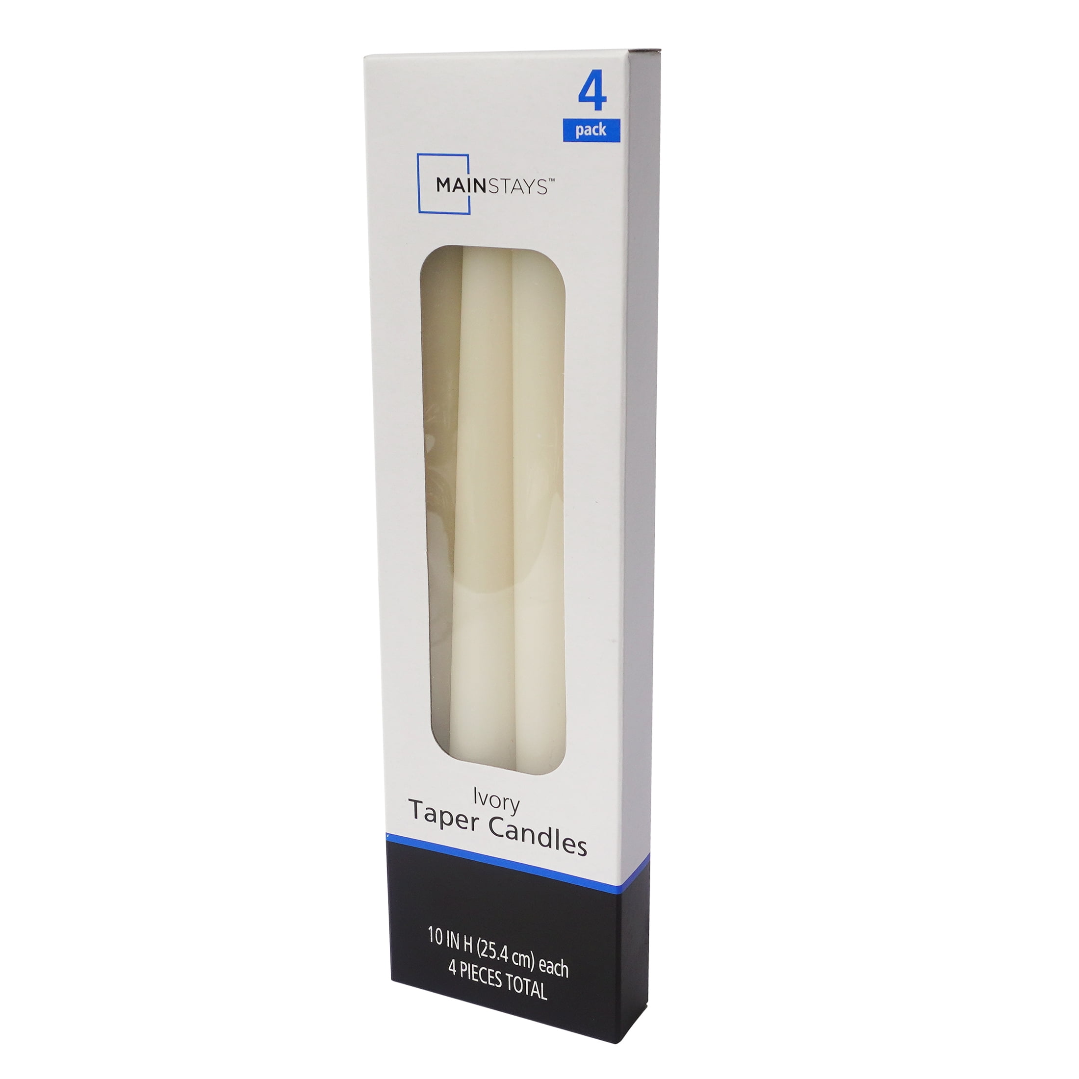 Mainstays Single Wick 10" Taper Candle, Unscented, Ivory, 4 Pack