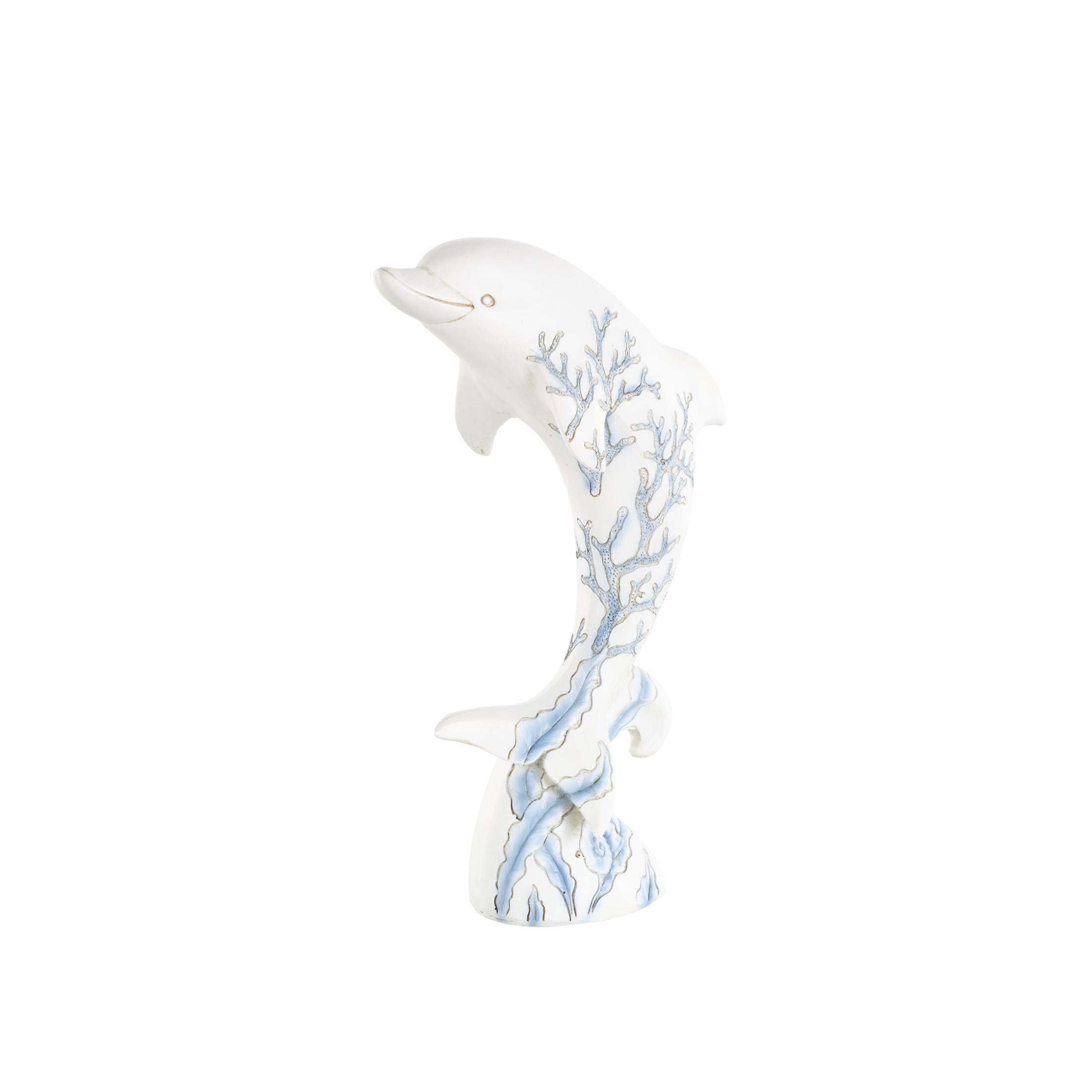 7" x 12" White Polystone Curved Dolphin Sculpture with Blue Coral Patterns, by DecMode