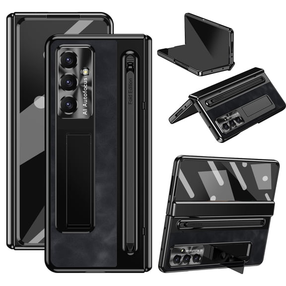 for Samsung Galaxy Z Fold 7 Case with Stylus Holder & Stylus, with Hinge Protector, Tempered Glass Screen Protector Lens Protection Kickstand Cover for Samsung Galaxy Z Fold 7, Black