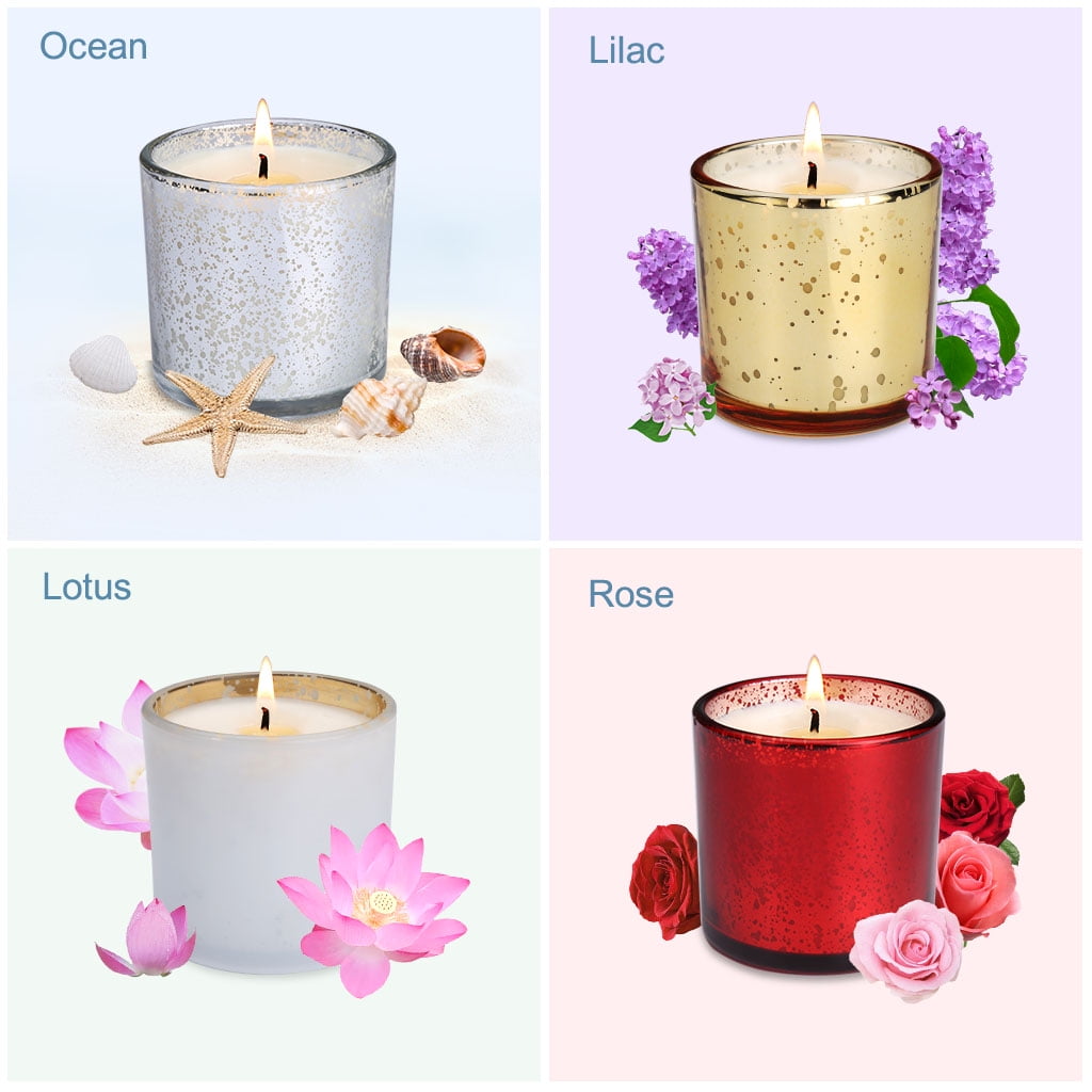 LANGRIA Set of 4 Scented Candles in Glass Made of Organic 100% Soy Wax with 2.4 inches Diameter and Burning Time 25-30 Hours, for Aromatherapy - Lotus/Rose/Lilac/Ocean Fragrances Gift Set