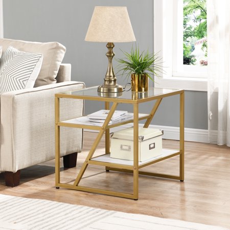 Pouseayar Tempered Glass Square Coffee Table ,Golden