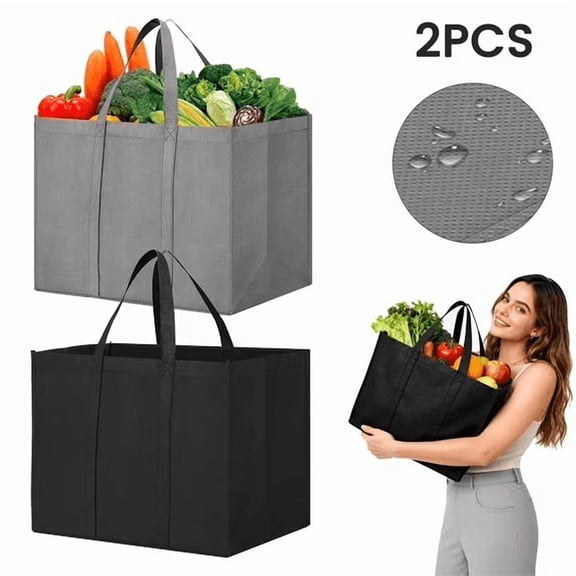 2 Pack Large Foldable Grocery Tote Bags, Black & Gray, 16.14×10.24×12.99 In, Heavy Duty Reusable Shopping Bags