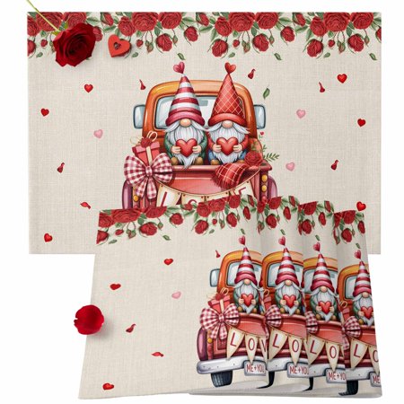 Valentine s Day Placemats Set of 6 Love Heart Truck Gnomes Place Mats Red Roses Petals Linen Tablemats Placemat Table Decoration for Kitchen Table Dinner Wedding Party Home Decor 13x19 Inch