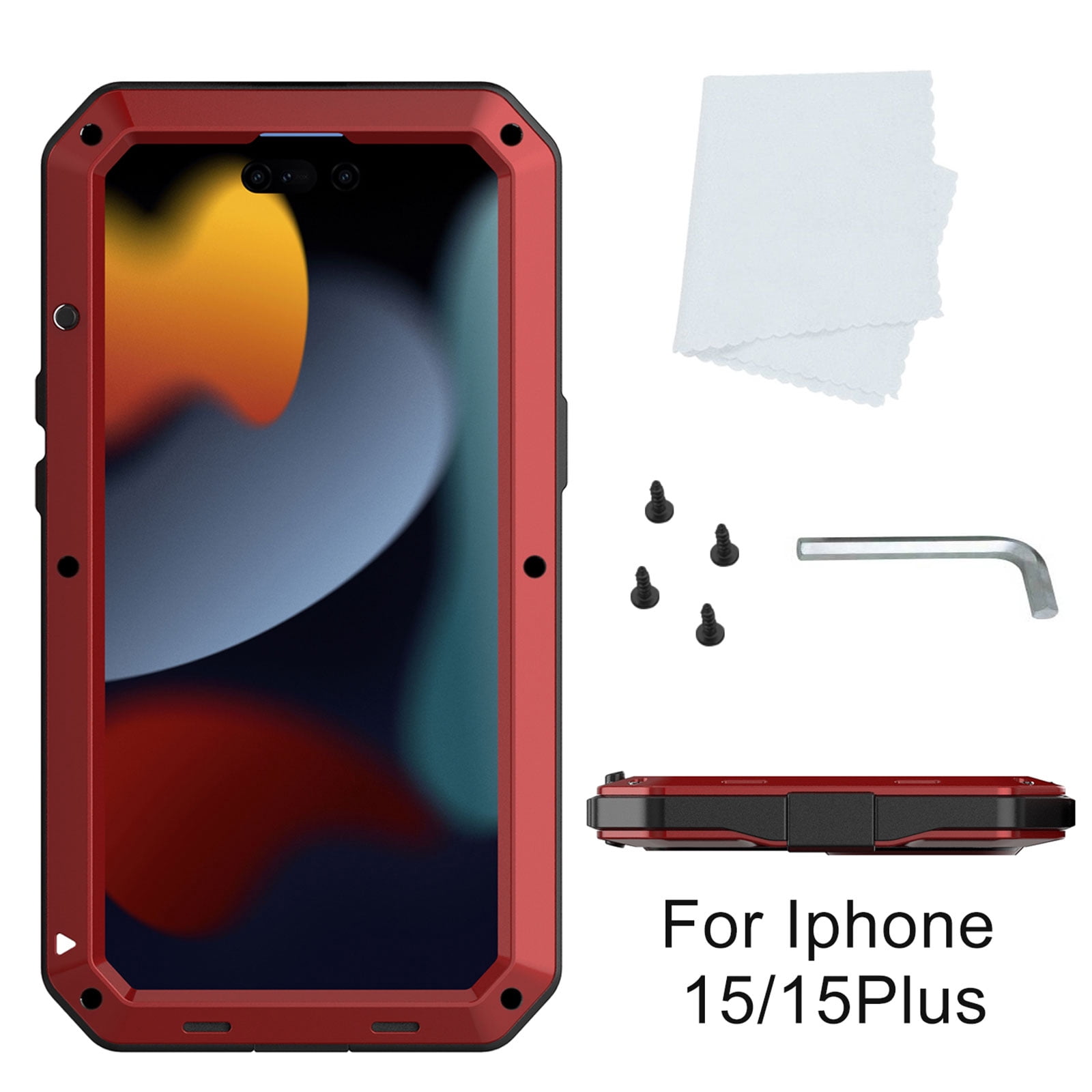 ELEHOLD for iPhone 15 Plus Armor Case, Outdoor Sports 360° Full Body Protective Cover with Tempered Glass Screen Protector Heavy Duty Shockproof Rugged Metal Case for iPhone 15 Plus,  Red