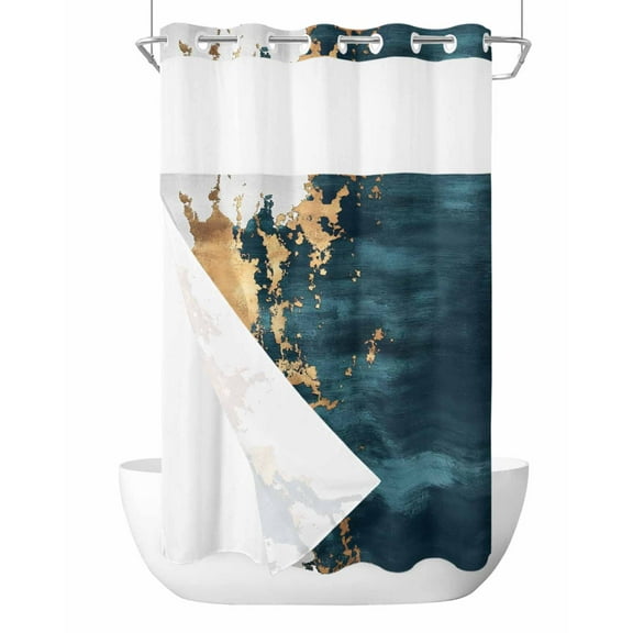 No Hook Shower Curtains with Snap in Liner, Teal Yellow Art Waterproof Fabric Shower Curtain, Modern Abstract Aesthetics Double Layers & See-Through Top Window Bathroom Curtains 36''x72''