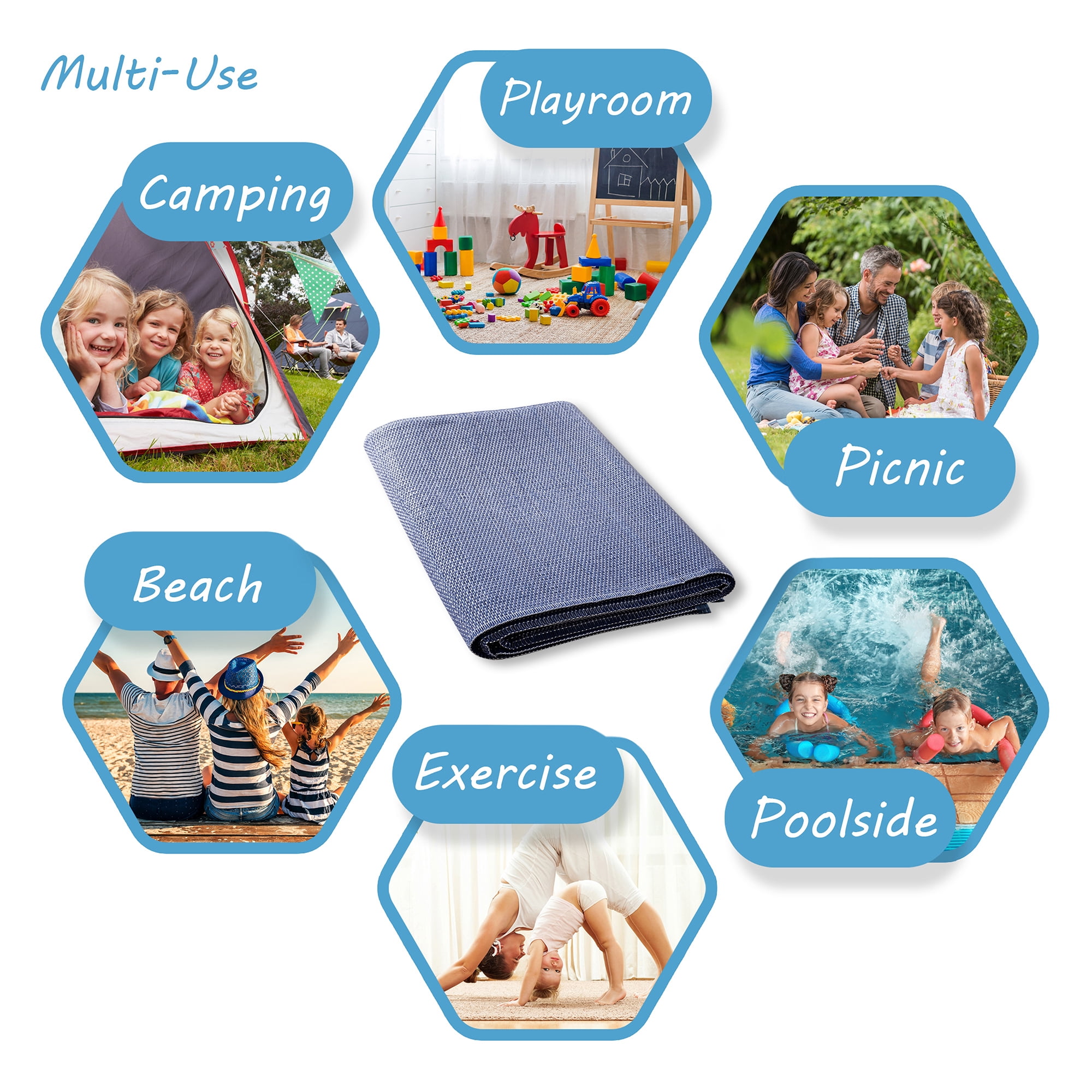 Luna Contemporary Solid Navy Polypropylene Reversible Plastic Straw Outdoor Area Rug, 9'x12' Rectangle