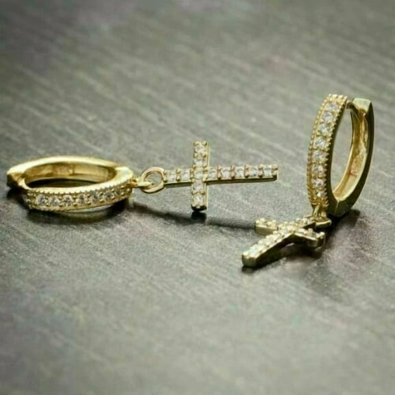 Gems Jewels 1.10 Ct RoundDiamond Cross Drop Dangle Hoop Earring 14K Yellow Gold Over