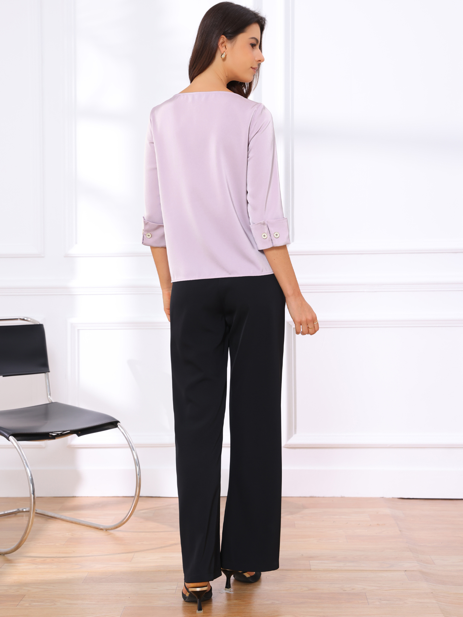 DARING DIVA Women's Satin Boat Neck 3/4 Sleeve Business Shirt XS Purple