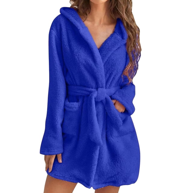 WZXFASHION Robe de Pyjama en Peluche à Manches Longues avec Poche et Capuche pour Femmes, Couleur Unie, Bleu TG