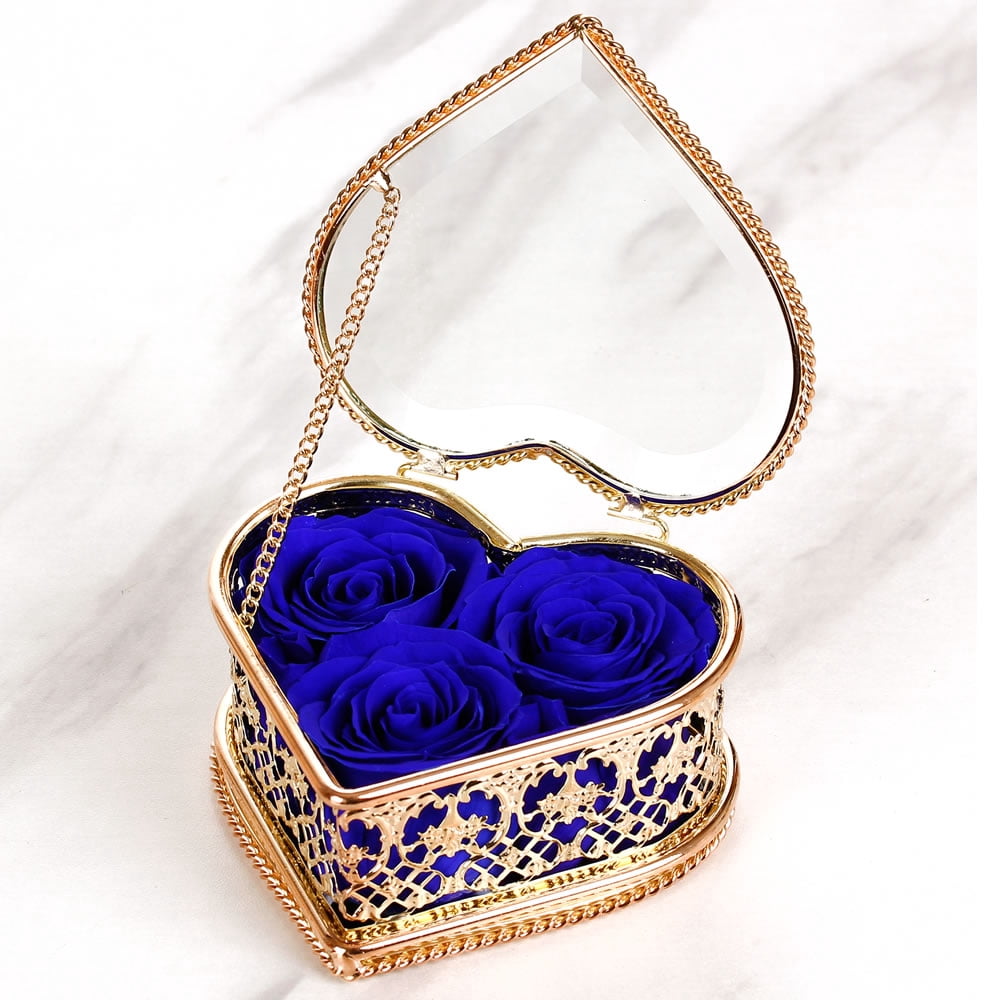 Enchante Preserved Forever Rose Vintage Heart Jewelry Box, Wedding Anniversary Birthday Valentine's Day Mother's Day Gift Eternity Flower, Blue