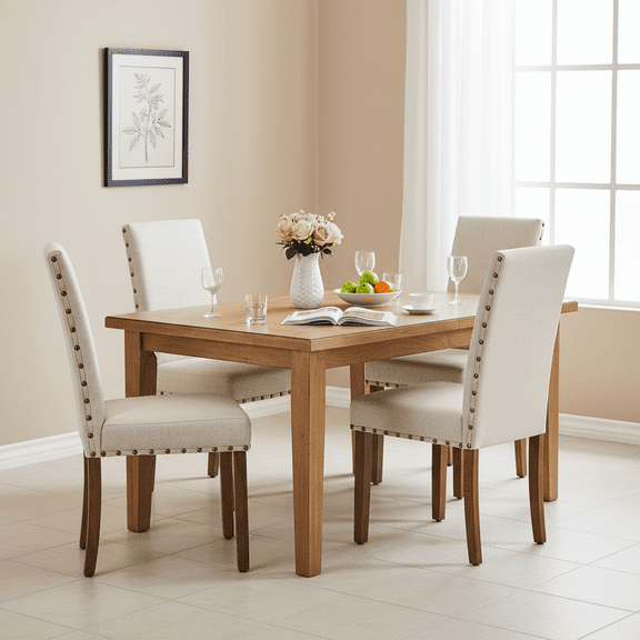Snugway Handcraft Linen Solid Wood Parson Chair,Dining Chair,Set of 4,Beige