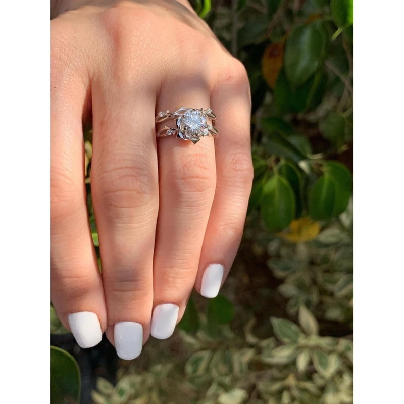 Solitaire Twig & Vine Design Women Bridal Ring Set for Engagement In 925 Silver 14K White Gold Over