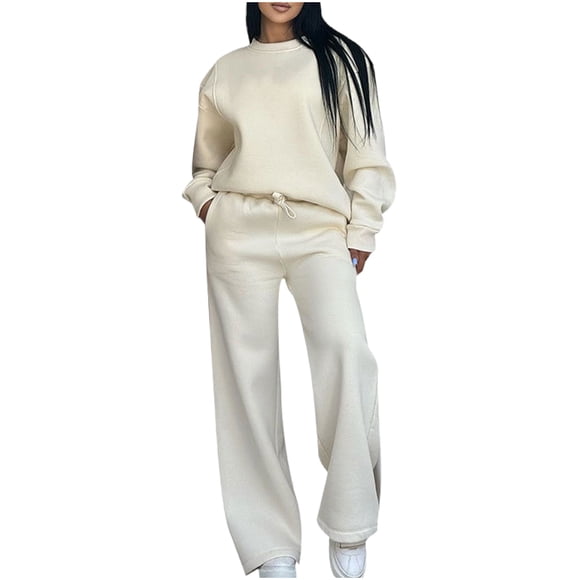 Wdfiry Ensemble de Survêtement 2 Pcs pour Femmes, Couleur Unie, Coupe Ample, Ensemble de Survêtement à Cordon avec Poches, Chandail à Manches Longues et Pantalon de Survêtement, Chandail à Enfiler, Tenue de Détente