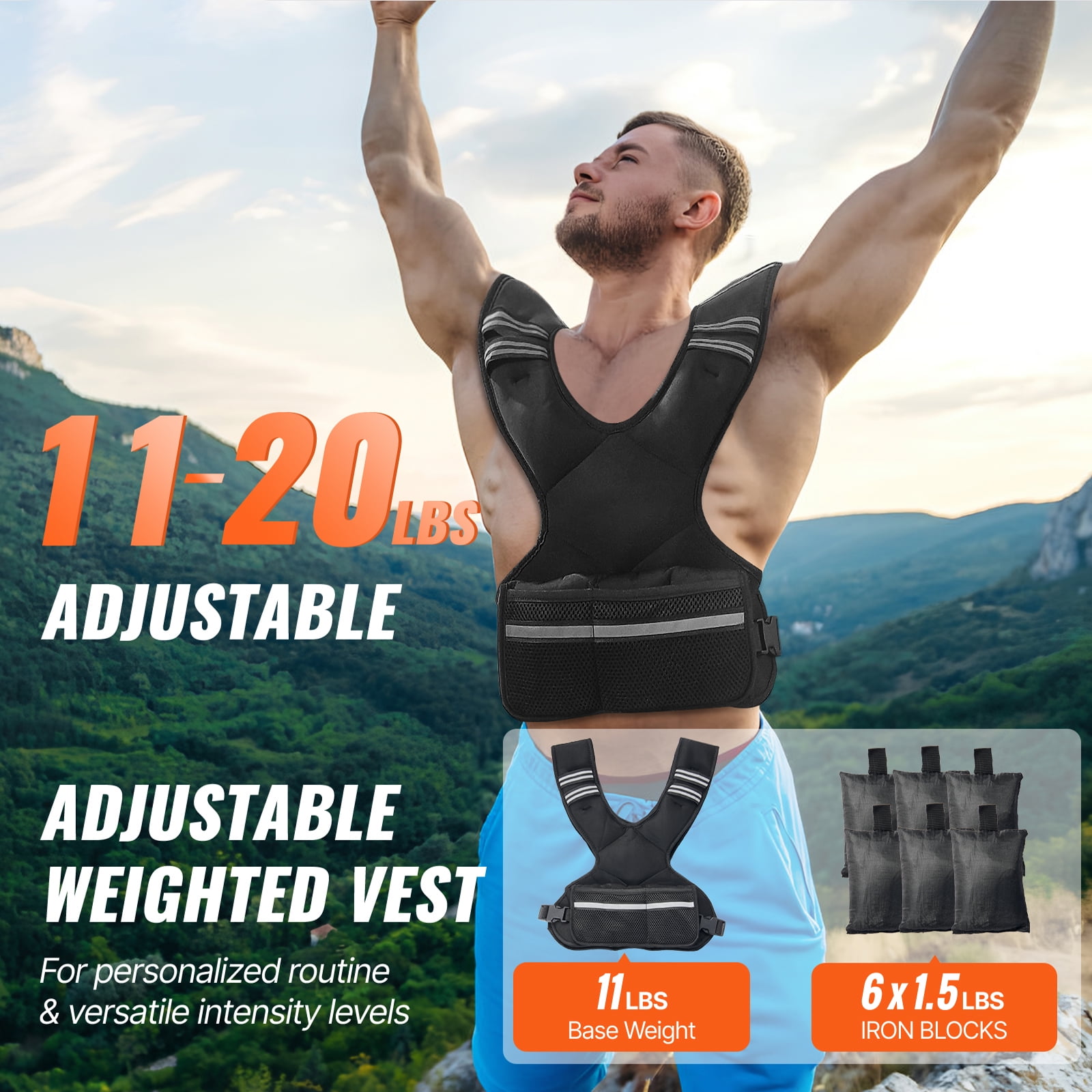 KFFKFF Weight Vest, Adjustable 11-20lb, Includes 6 Ironsand Weights, with Visibility Stripe, Ideal for Men & Women, Perfect for Fitness, Strength Training, and Running