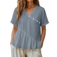 thumbnail image 4 of Craaazy Women's Plus Size Versatile Solid Color Cotton Linen V-Neck Short Sleeve T-shirts with Ruffle Trim for Daily Wear, 4 of 7