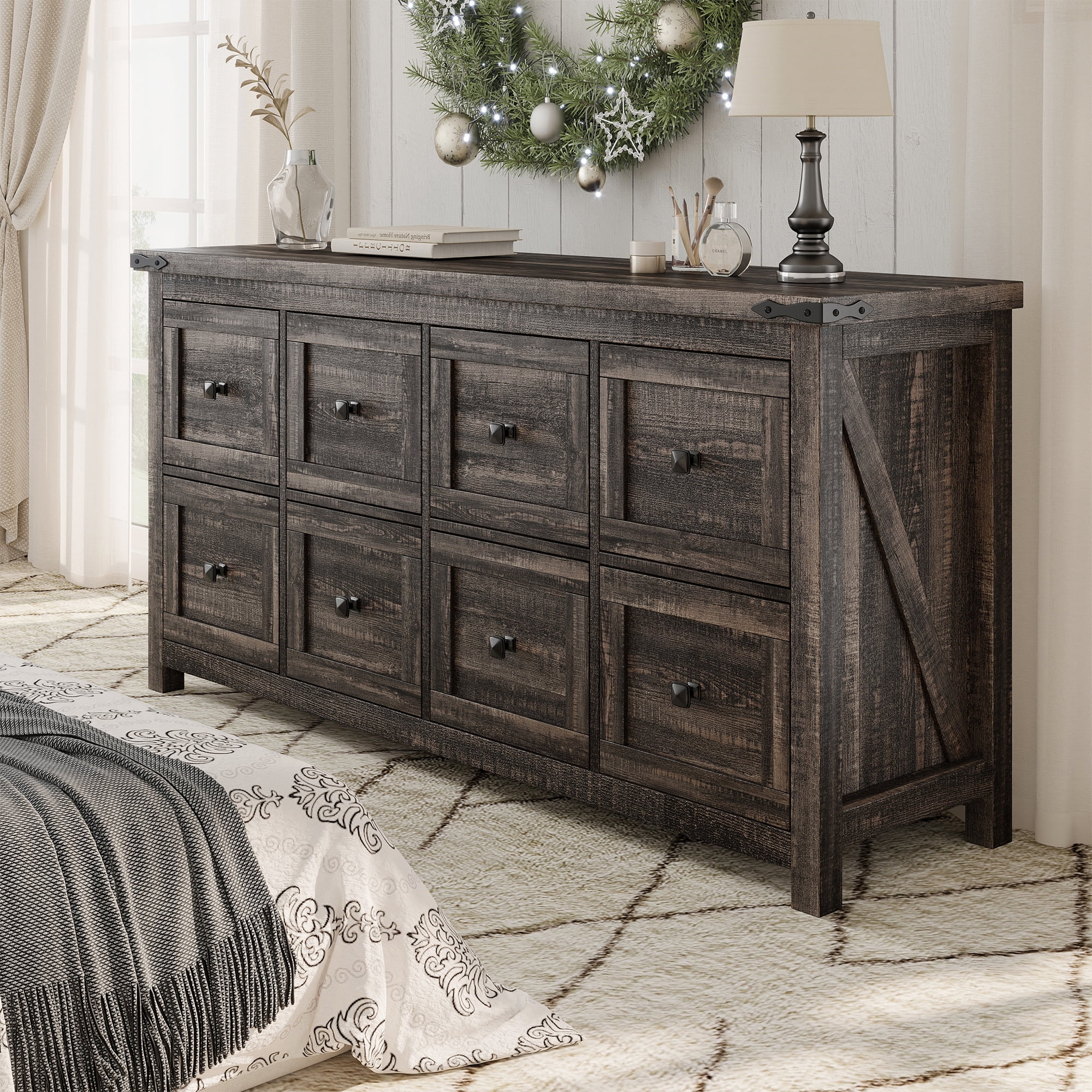 EnHomee Dresser for Bedroom Wooden Dresser TV Stand Farmhouse Dresser with 8 Drawers, Dark Rustic Oak
