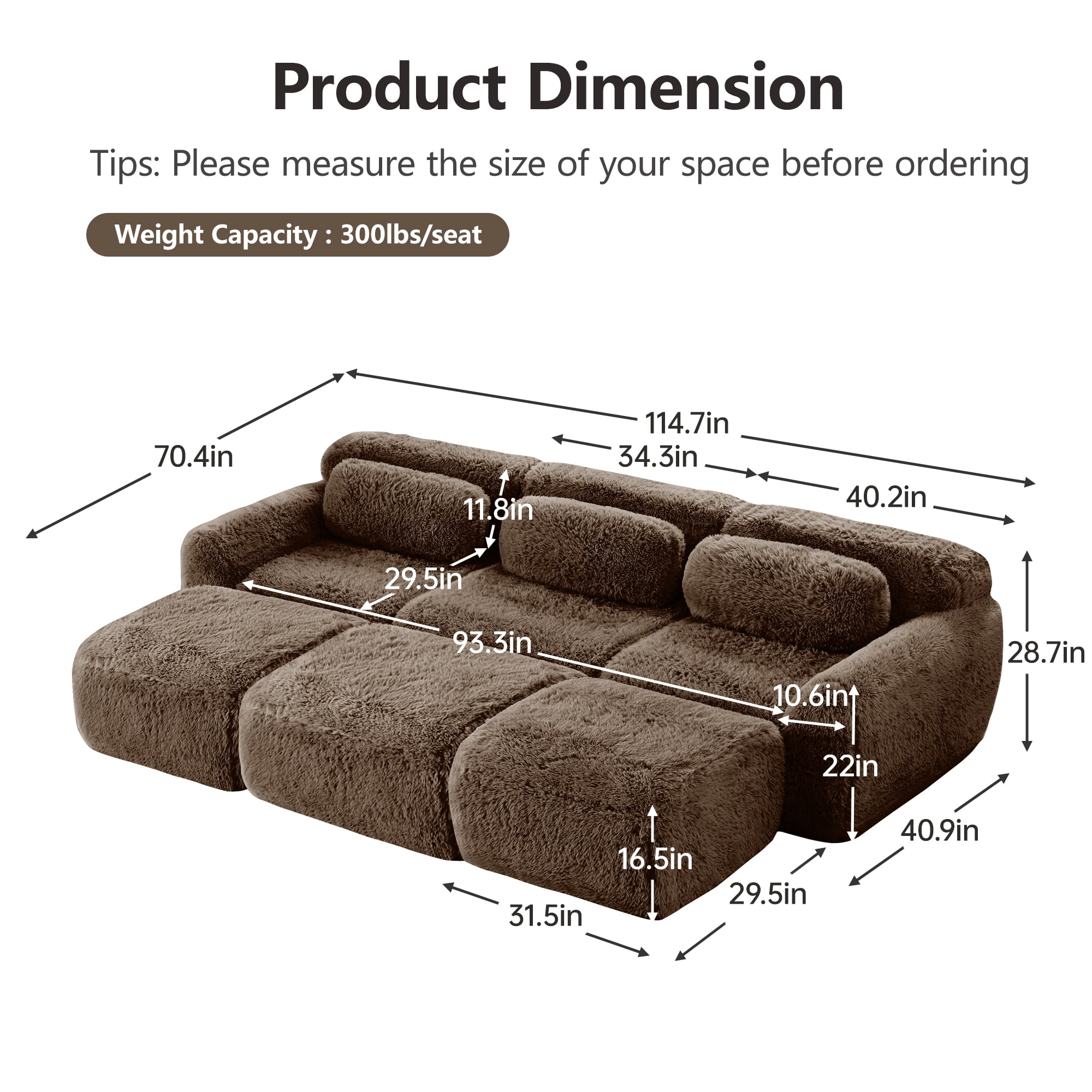 Wakefit 114" Modular Sectional Sofa, Boneless Couche 3 Seater Deep Seat Compressed Sofa, No Assembly Required, Soft Fluffy Plush Fabric, Cloud Comfy Sofa Set with 3 Ottomans, Chocolate