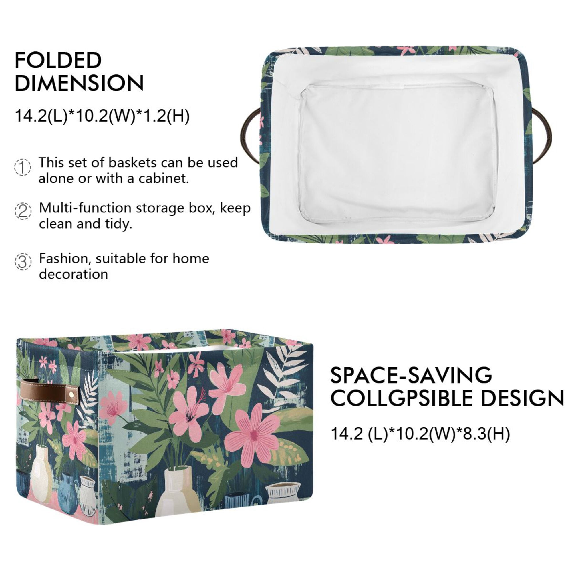 Yayeee Canvas Storage Basket with Handles for Shelves Fabric Bins Closet Organizer, Green Floral