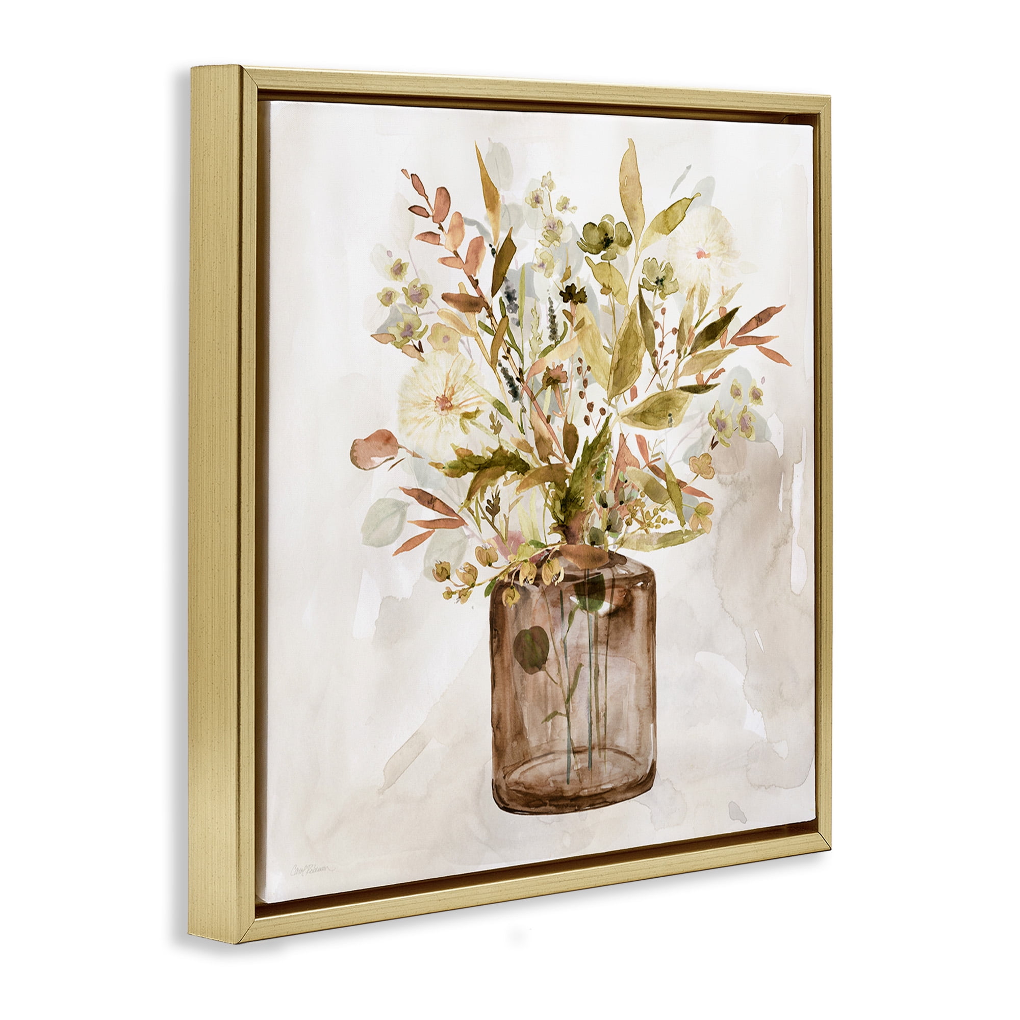 Stupell Industries Earthy Mixed Fall Botanicals Botanical & Floral Painting Gold Floater Framed Canvas Art Print Wall Art, 18 x 18