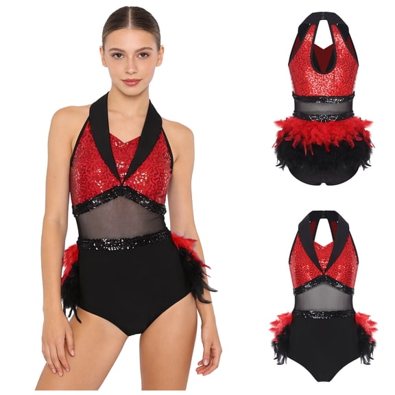 Aislor Women's Rumba Cha Cha Dance Bodysuit Sequins Mesh Waist Latin Leotard Tango Jazz Dancewear Red XXL