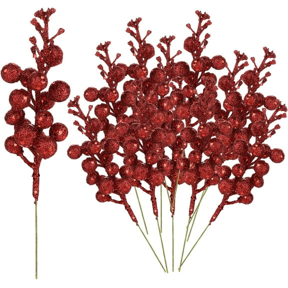 Zukuco 12PCS Christmas Glitter Berries Stems , Foam Artificial Berry Picks Glitter Sprays Artificial Berry Picks Holly Berry Twig for Xmas Tree Decor (Red)