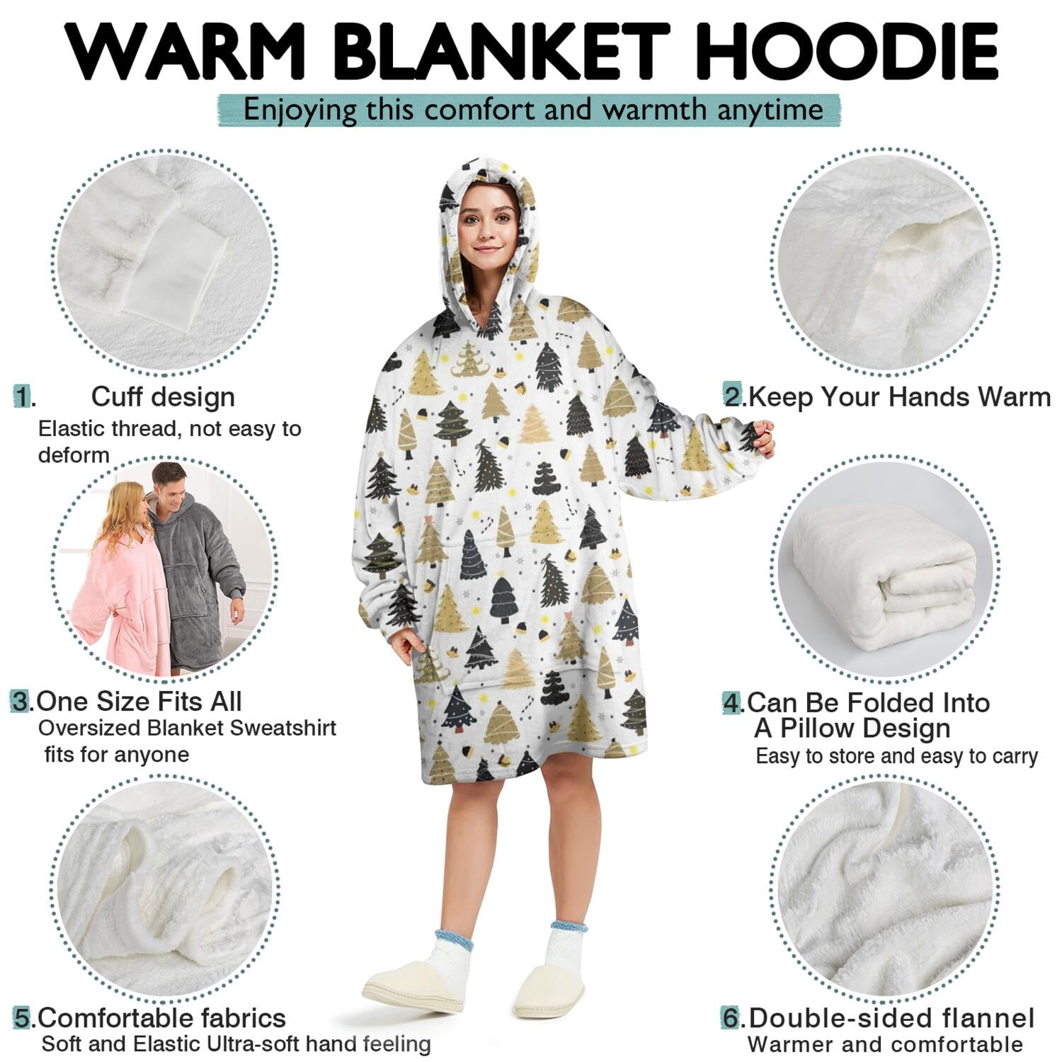 Wearable Oversized Blanket,Gold Christmas Tree Pattern Wearable Blanket Hoodie for Adults,Cozy Hooded Blankets with Super Pockets,Super Warm Fuzzy Pullover for Women & Men