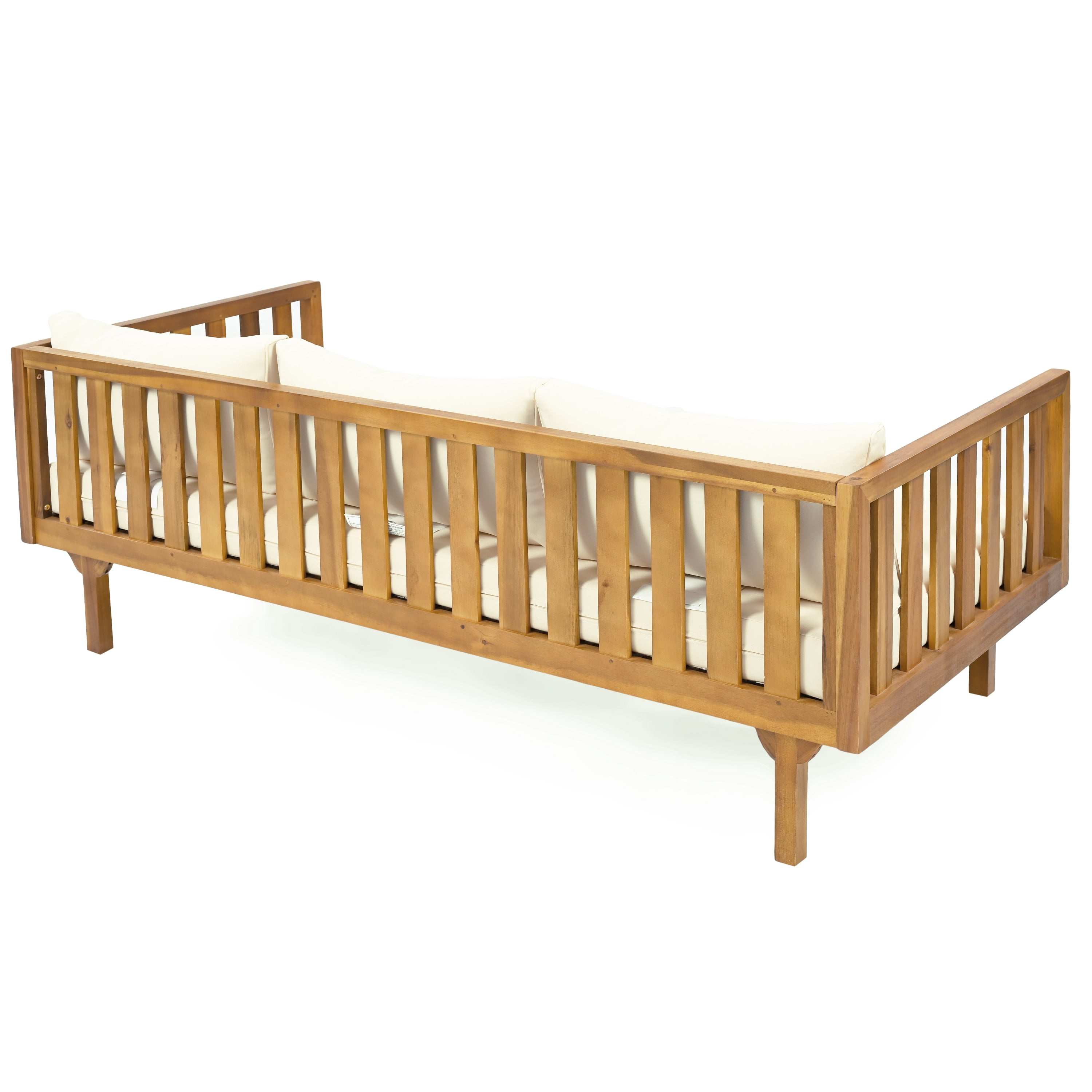 3 Seater Daybed, Outdoor Patio Leisure Daybed for Patio Garden, Teak and Beige
