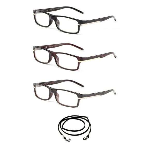 3 Pack Newbee Fashion- "Tristen" Slim Fit Squared Design Fashion Reading Glasses with Lanyard  1.00