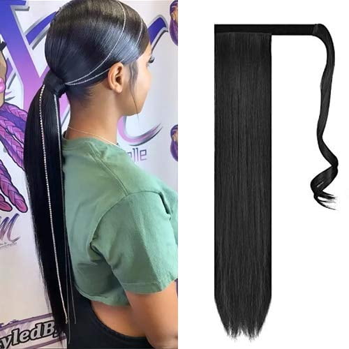 Extension de Queue de Cheval Droite 61 cm Extension de Cheveux Synthétiques Postiche pour Femmes 130G