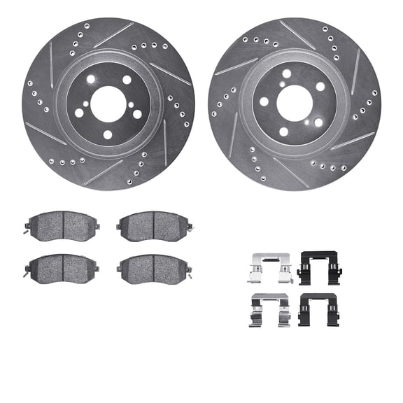 Dynamic Friction Company Front Brake Rotors-Drilled and Slotted-Silver with 5000 Advanced Brake Pads includes Hardware 7512-13051
