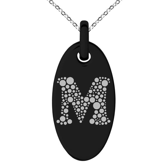 Stainless Steel Letter M Initial Dotted Monogram Engraved Small Oval Charm Pendant Necklace