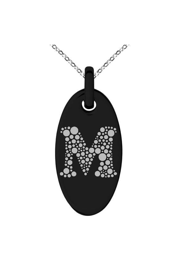 Stainless Steel Letter M Initial Dotted Monogram Engraved Small Oval Charm Pendant Necklace