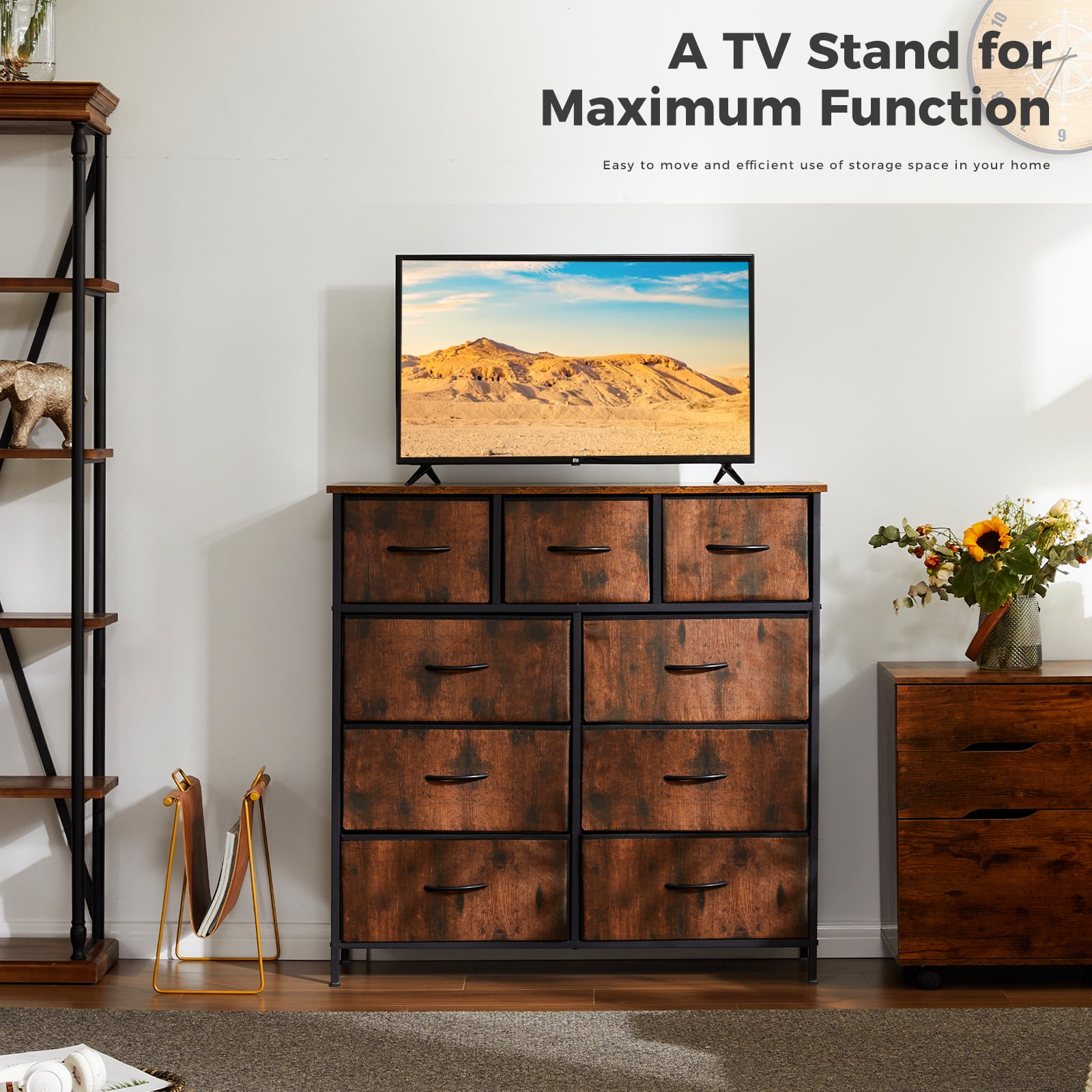 Aidoly 9-Drawer Dresser with Wooden Top, Adjustable Feet, Sturdy Metal Frame Dressers for Bedroom, Living Room, Rust