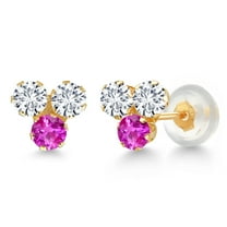 Gem Stone King 14K Yellow Gold White Lab Grown Diamond and Pink Sapphire Three Stone Stud Earrings for Women (0.67 Cttw, Gemstone April Birthstone, Round 3MM)