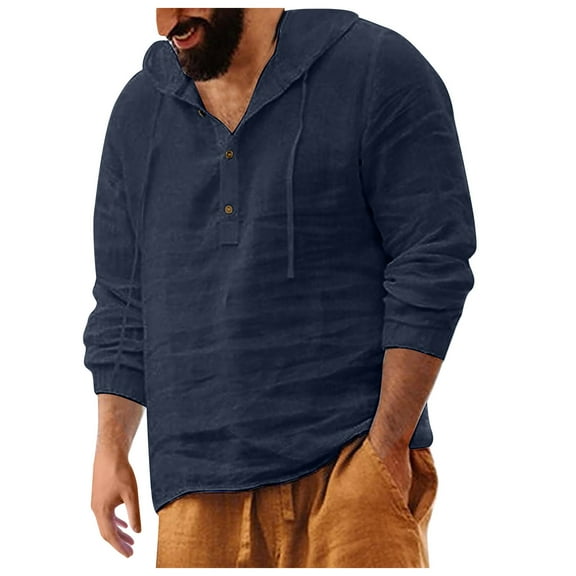 Njoeus Cotton Linen Hoodies for Mens, Casual Long Sleeve Hooded Shirts Men Lightweight Button Pullover Fall Tops