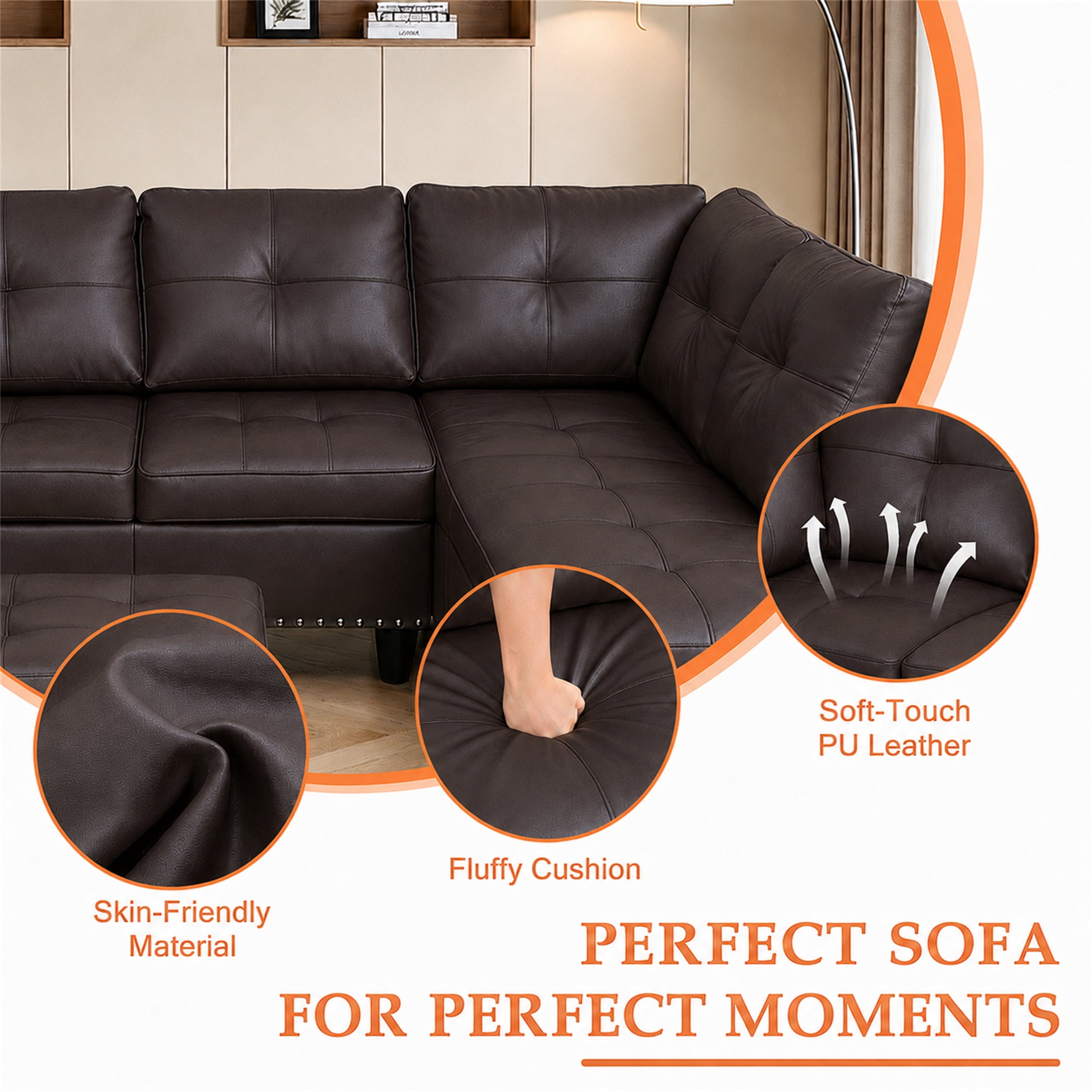 Aukfa 98" L Shaped Sectional Couch with Cup Holder Console, Tufted Back&Nailhead Trim, Oversized Right Chaise Leather Sofa for Living Room, Brown