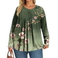 thumbnail image 5 of Xyxonk Womens Plus Size Tops Long Sleeve Loose Fit Shirt Crew Neck Pleated Vintage Floral Print Blouses Dressy Casual Winter Outfits Dark Green 1X-5X, 5 of 5