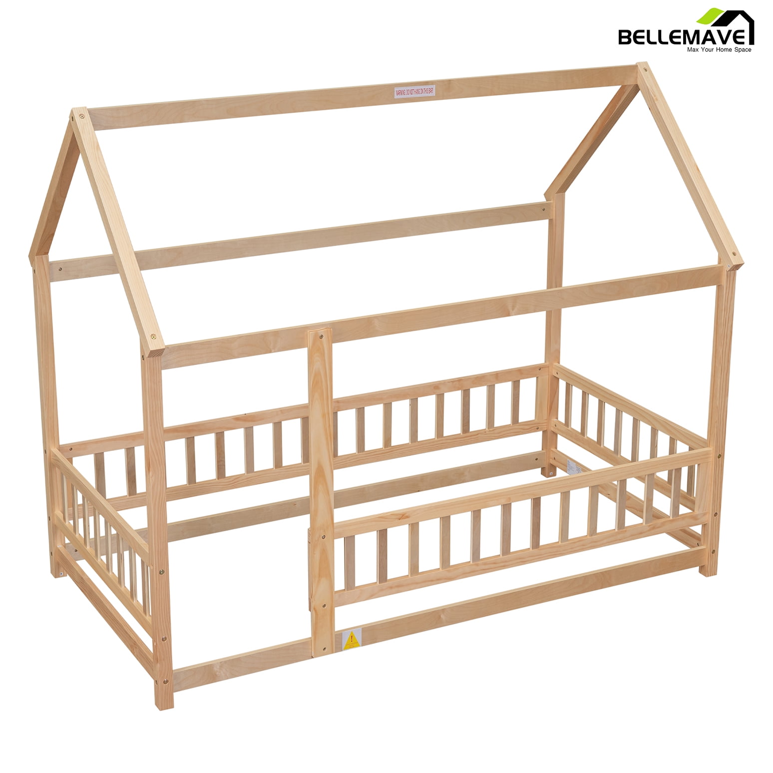 Bellemave Full Floor Bed, Wood Full Size House Bed Frame with Fence, Montessori Floor Bed for Bedroom（Natural)