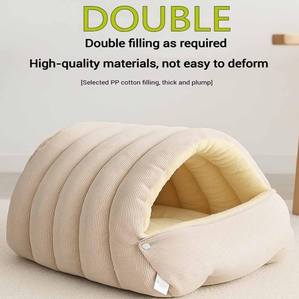 Removable and Washable Winter Closed-Off Cat Bed, Warm Foldable Secure Pet Nest, Comfortable Warm Secure Snuggle Hut, for Indoor Cats and Small Dogs (Beige, M (17.7 * 11.8 * 7.5 in))