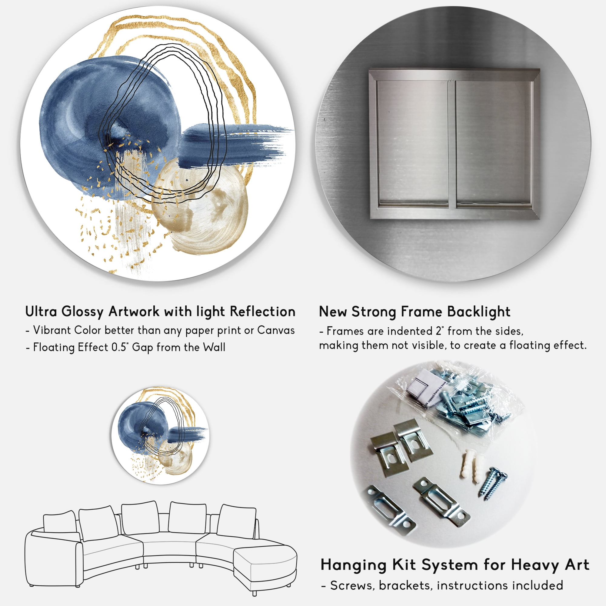 Designart 'Abstract Black and Dark Blue Gold Underwater Life' Modern Circle Metal Wall Art 36x36 - Disc of 36