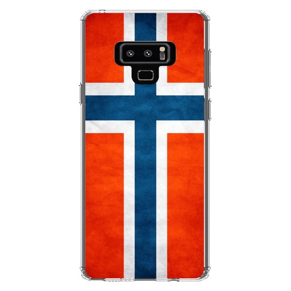 DistinctInk Clear Shockproof Hybrid Case for Samsung Galaxy Note 9 - TPU Bumper, Acrylic Back, Tempered Glass Screen Protector - Norway Old Flag Red White Blue - Norway
