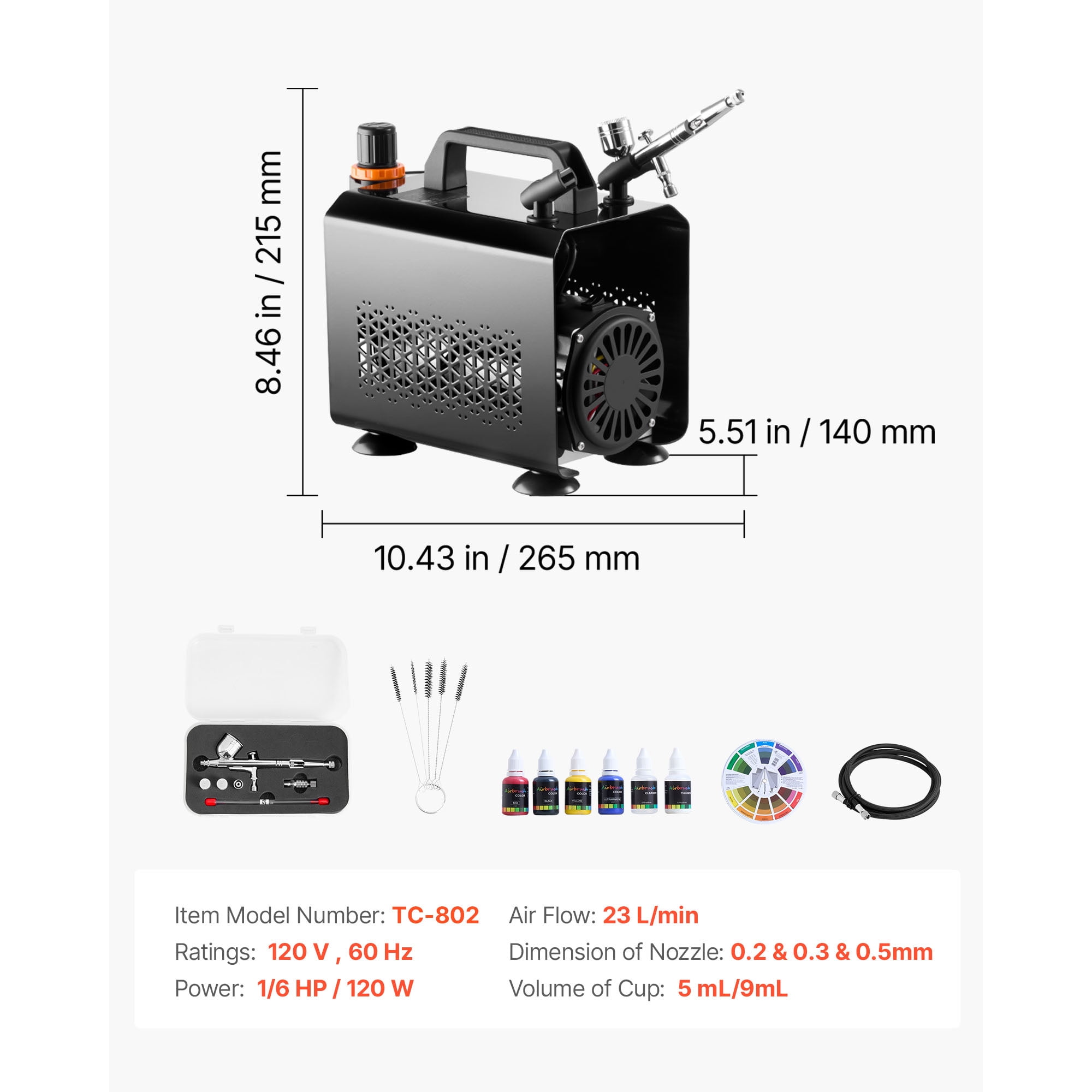 KFFKFF Airbrush Kit with Compressor, 1/6 HP, Includes Dual-Action Airbrush, 3 Nozzles, Hose, Acrylic Paints, Brushes, Quiet Operation, Ideal for Cake Decoration, Model Crafting, and Nail Design