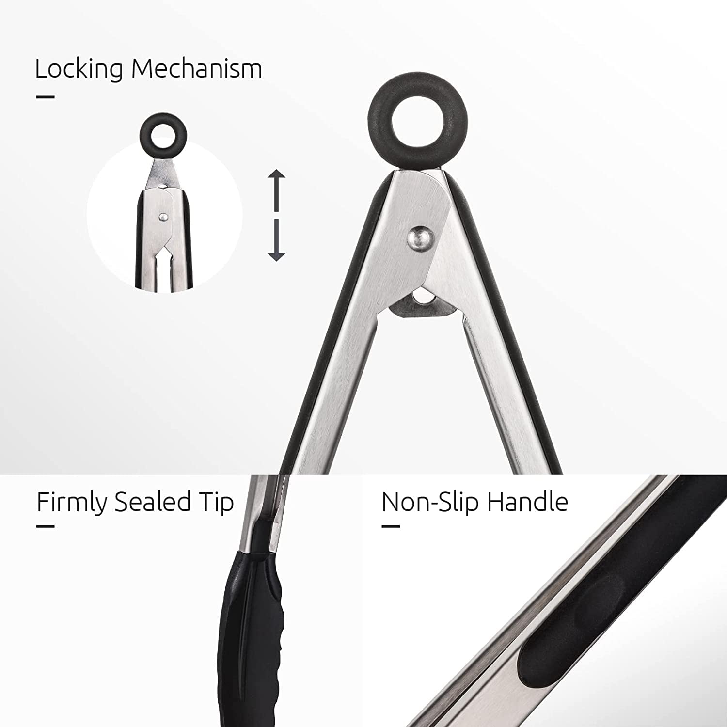 600°F Heat Resistant Kitchen Tongs: U-Taste 7/9/12 inch Silicone Cooking Tong Set with Non Stick Rubber Tips and Silicon Coated 18/8 Stainless Steel Handle for Serving Grilling Salad(Black)