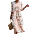 thumbnail image 3 of VBVC Women's and Women's Plus 3/4 Sleeve Midi Dress, Summer Casual Crew Neck Dress For Women, Ladies' Loose Fit Floral Dress with Pockets,Pink,S-5XL, 3 of 7