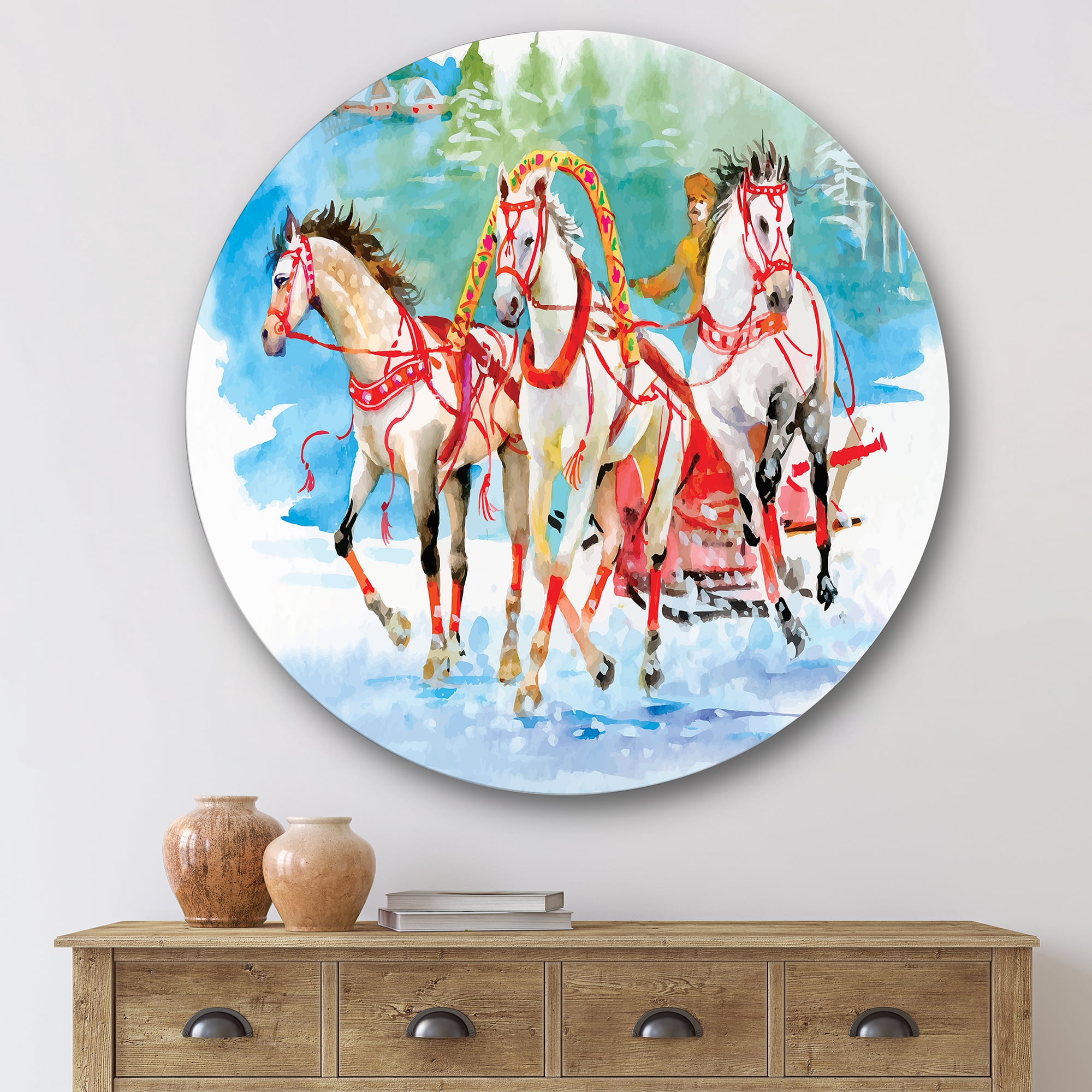 Designart 'Carriage In The Snow With Galoping Horses' Farmhouse Circle Metal Wall Art 29x29 - Disc of 29