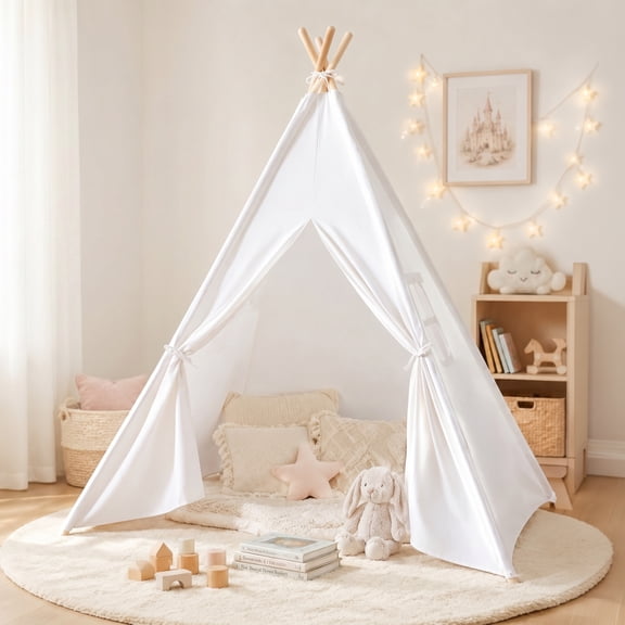 Wilwolfer Teepee Tent for Kids 3-10 Years Toddlers Indoor Outdoor White Canvas Playhosue