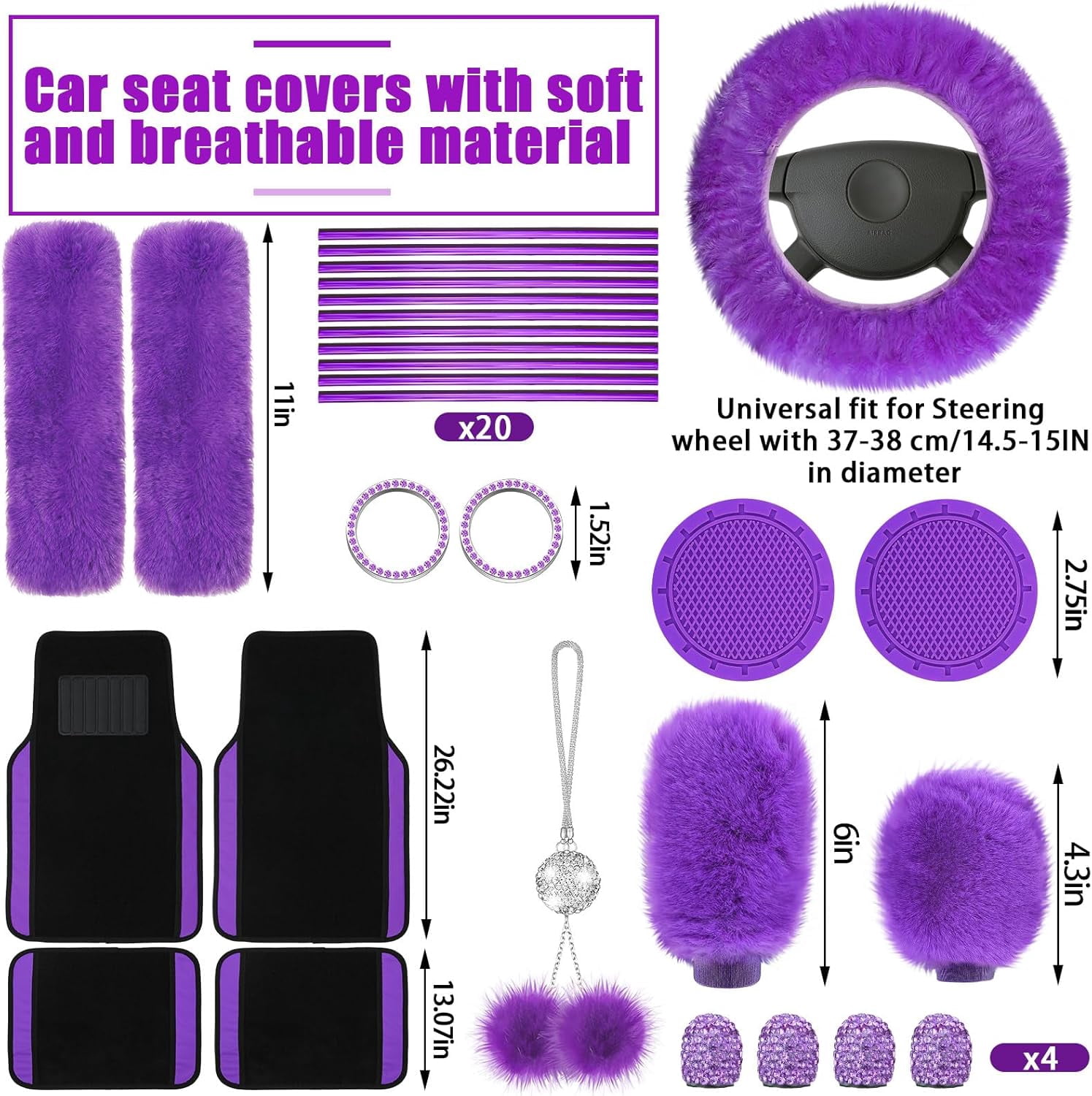 chalian 47 Pcs Car Seat Cover Full Set Car Accessories for Front Rear Seat Fluffy Steering Wheel Cover Belt Automotive Floor Mats Air Conditioner Decoration Strip(Purple)